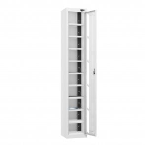 Tablet Locker - 1 Vision Door - 10 Compartment - Charging - 3 Pin Sockets - Flat Top - H1800 x W300 x D300mm