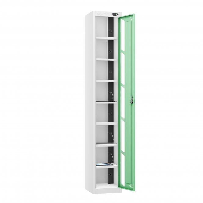 Tablet Locker - 1 Vision Door - 8 Compartment - Charging - 3 Pin Sockets - Sloped Top - H1950 x W300 x D300mm