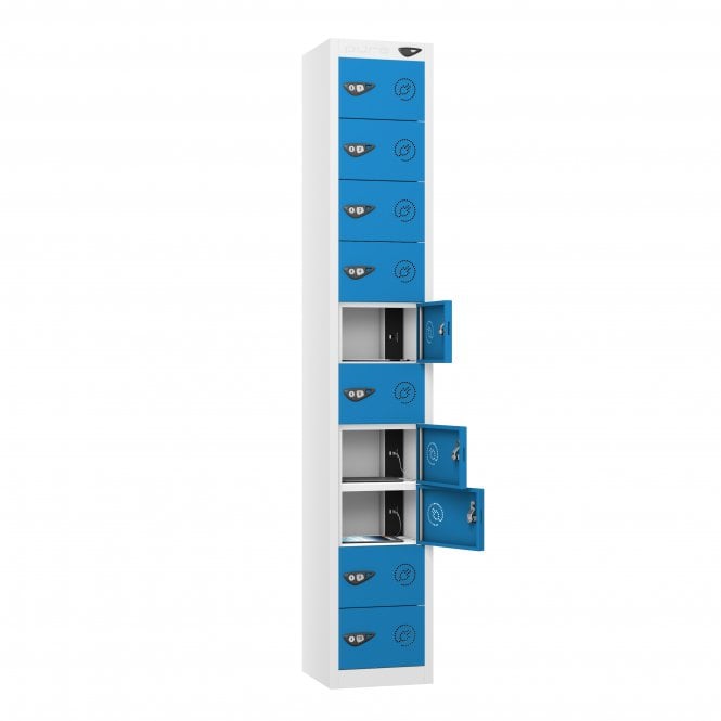 Tablet Locker - 10 Door - 10 Compartment - Charging - 3 Pin Sockets - Flat Top - H1800 x W300 x D300mm