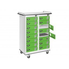 Laptop Locker Trolley - 16 Vision Door - 16 Compartment - Charging - 3 Pin Sockets - Flat Top - H1050 x W760 x D450mm