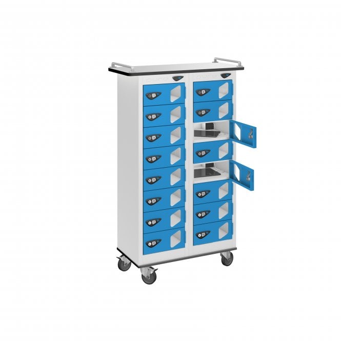 Tablet Locker Trolley - 16 Vision Door - 16 Compartment - Charging - 3 Pin Sockets - Flat Top - H1050 x W600 x D300mm