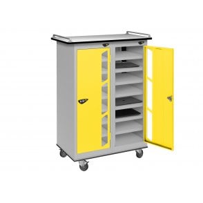 Laptop Locker Trolley - 2 Vision Door - 16 Compartment - Charging - 3 Pin Sockets - Flat Top - H1050 x W760 x D450mm