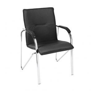 Armchair with black wooden armrests and 4 legged chrome frame - Black contract vinyl - Overall Depth: 552mm - Overall Width: 600mm - Seat Height: 450mm