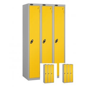 BATCH OF 9 Single Door Express Delivery Locker H1780 x W305 x D460mm c/w Silver Body, Yellow Doors, Latch locks (Supplied as QTY.3 NEST OF 3)