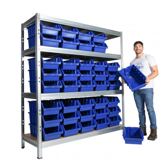 BULLRACK RIVET Longspan Shelving 1800mm Wide with Chipboard Shelf Levels & Boulder 5 Picking Bins