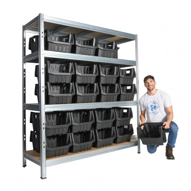 BULLRACK RIVET Longspan Shelving 1800mm Wide with Chipboard Shelf Levels & Boulder MAX 6 Picking Bins