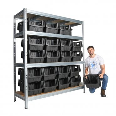 BULLRACK RIVET Longspan Shelving 1800mm Wide with Chipboard Shelf Levels & Boulder MAX 6 Picking Bins