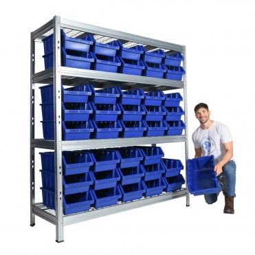BULLRACK RIVET Longspan Shelving 1800mm Wide with Wire Mesh Shelf Levels & Boulder 5 Picking Bins
