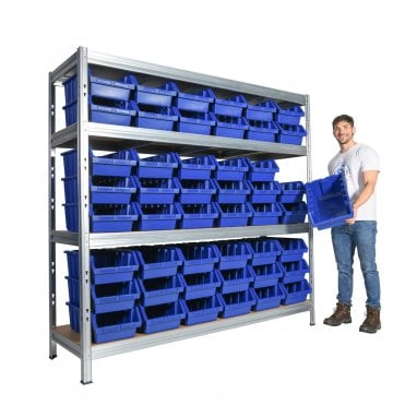 BULLRACK RIVET Longspan Shelving 2100mm Wide with Chipboard Shelf Levels & Boulder 5 Picking Bins