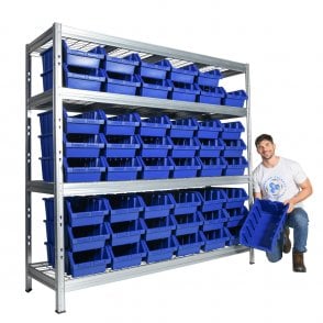 BULLRACK RIVET Longspan Shelving H2000 x W2100 x D600mm 4 Wire Mesh Shelf Level 600kg UDL with 48 Boulder 5 Picking Bins