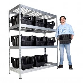 Galvanised Mesh Shelving H1800 x W1500 x D600mm 4 Shelf Level 400kg UDL with 18 Boulder MAX 6 Picking Bins