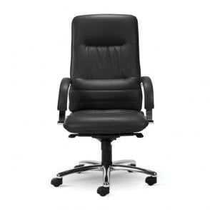 High back manager armchair, fixed padded arms and chrome 5 star base - Black leather - Seat Width: 520mm - Seat Depth 440mm - Seat Height: 470-560mm