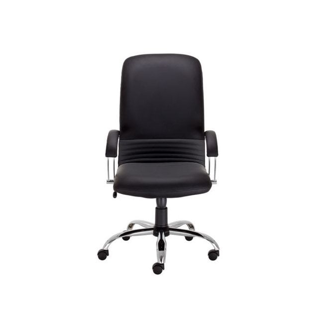 High back manager armchair, fixed padded arms and chrome 5 star base - Black leather - Seat Width: 520mm - Seat Depth 470mm - Seat Height: 450-540mm