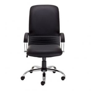 High back manager armchair, fixed padded arms and chrome 5 star base - Black leather - Seat Width: 520mm - Seat Depth 470mm - Seat Height: 450-540mm