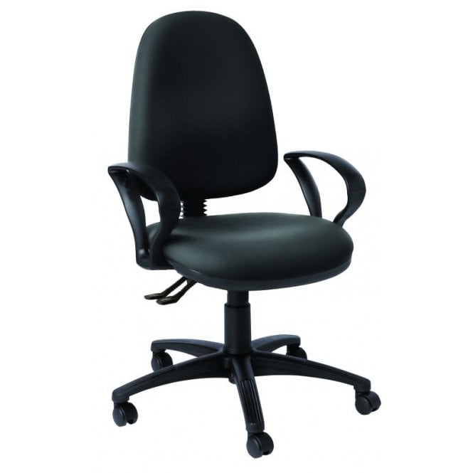 High back operator chair with arms and 2 levers - Black vinyl - Seat Width: 495mm - Seat Depth 445mm - Overall Height: 975-1160mm
