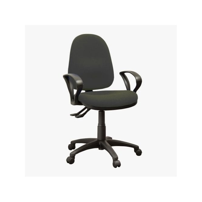 High back operator chair with arms and 2 levers - Charcoal fabric - Seat Width: 495mm - Seat Depth 445mm - Overall Height: 975-1160mm