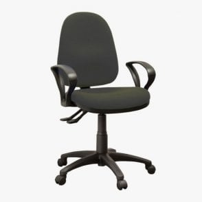 High back operator chair with arms and 2 levers - Charcoal fabric - Seat Width: 495mm - Seat Depth 445mm - Overall Height: 975-1160mm