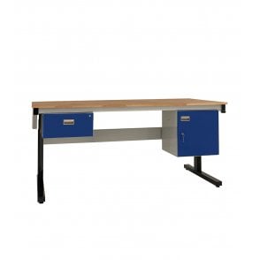 KIT A: Electric Height Adjustable Workbench - Beech Top H.840 W.1200 D.750 - Single Drawer & Storage Cupboard