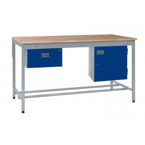 KIT A: Square Tube Workbench - Beech Top H.840 W.1500 D.750 - Single Drawer & Storage Cupboard