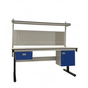 KIT C: Electric Height Adjustable Workbench - Laminate Top H.840 W.1500 D.750 - Single Drawer, Storage Cupboard, 760mm Rear Support Posts, Louvre Panel & Laminate Upper Shelf