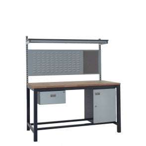 KIT C: Heavy Duty Workbench - Beech Top H.840 W.1500 D.750 - Single Drawer, Storage Cupboard, 760mm Rear Support Posts, Louvre Panel & Beech Upper Shelf