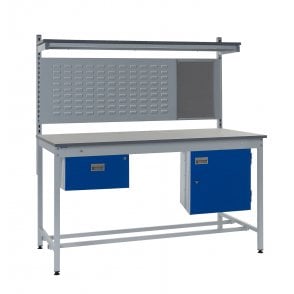 KIT C: Square Tube Workbench - Laminate Top H.840 W.1200 D.750 - Single Drawer, Storage Cupboard, 760mm Rear Support Posts, Louvre Panel & Laminate Upper Shelf