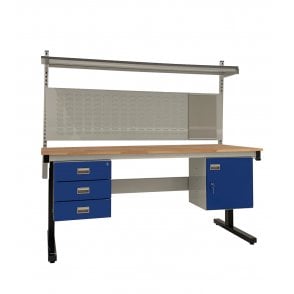 KIT D: Electric Height Adjustable Workbench - Beech Top H.840 W.1800 D.750 - Storage Cupboard, Triple Drawer Unit, 760mm Rear Support Posts, Louvre Panel & Beech Upper Shelf