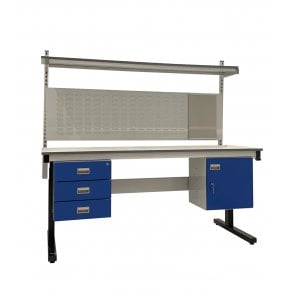 KIT D: Electric Height Adjustable Workbench - Laminate Top H.840 W.1800 D.750 - Storage Cupboard, Triple Drawer Unit, 760mm Rear Support Posts, Louvre Panel & Laminate Upper Shelf