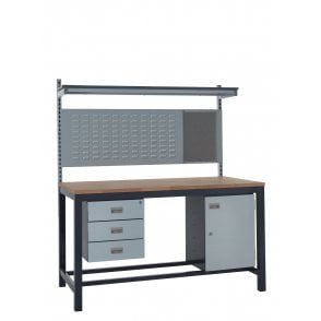 KIT D: Heavy Duty Workbench - Beech Top H.840 W.1500 D.750 - Storage Cupboard, Triple Drawer Unit, 760mm Rear Support Posts, Louvre Panel & Beech Upper Shelf