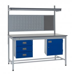 KIT D: Square Tube Workbench - Laminate Top H.840 W.1800 D.750 - Storage Cupboard, Triple Drawer Unit, 760mm Rear Support Posts, Louvre Panel & Laminate Upper Shelf