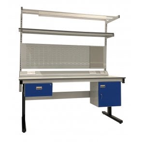 KIT E: Electric Height Adjustable Workbench - Laminate Top H.840 W.1200 D.750 - Single Drawer, Storage Cupboard, 1180mm Rear Support Posts, Service Duct Worktop Fitting, Light & Tool Rail Support, 3 Setting LED Light 30 Watt, Louvre Panel & Laminate Upper
