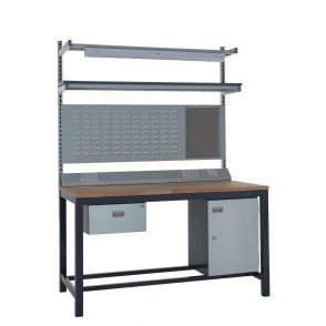KIT E: Heavy Duty Workbench - Beech Top H.840 W.1200 D.750 - Single Drawer, Storage Cupboard, 1180mm Rear Support Posts, Service Duct Worktop Fitting, Light & Tool Rail Support, 3 Setting LED Light 30 Watt, Louvre Panel & Beech Upper Shelf