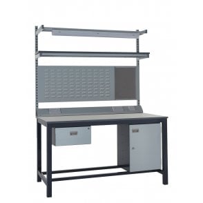 KIT E: Heavy Duty Workbench - Laminate Top H.840 W.1500 D.750 - Single Drawer, Storage Cupboard, 1180mm Rear Support Posts, Service Duct Worktop Fitting, Light & Tool Rail Support, 3 Setting LED Light 30 Watt, Louvre Panel & Laminate Upper Shelf