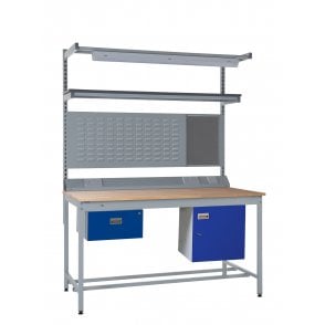 KIT E: Square Tube Workbench - Beech Top H.840 W.1500 D.750 - Single Drawer, Storage Cupboard, 1180mm Rear Support Posts, Service Duct Worktop Fitting, Light & Tool Rail Support, 3 Setting LED Light 30 Watt, Louvre Panel & Beech Upper Shelf