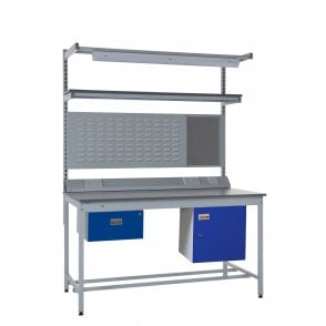 KIT E: Square Tube Workbench - Laminate Top H.840 W.1200 D.750 - Single Drawer, Storage Cupboard, 1180mm Rear Support Posts, Service Duct Worktop Fitting, Light & Tool Rail Support, 3 Setting LED Light 30 Watt, Louvre Panel & Laminate Upper Shelf