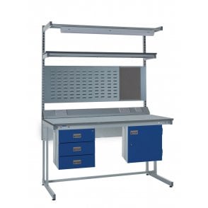 KIT F: Cantilever ESD Workbench - Lamstat Top H.840 W.1800 D.750 - Storage Cupboard, Triple Drawer Unit, 1180mm Rear Support Posts, Service Duct Worktop Fitting, Light & Tool Rail Support, 3 Setting LED Light 30 Watt, Louvre Panel & Lamstat Upper Shelf