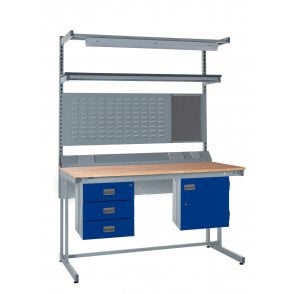 KIT F: Cantilever Workbench - Beech Top H.840 W.1500 D.750 - Storage Cupboard, Triple Drawer Unit, 1180mm Rear Support Posts, Service Duct Worktop Fitting, Light & Tool Rail Support, 3 Setting LED Light 30 Watt, Louvre Panel & Beech Upper Shelf
