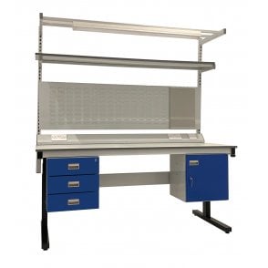 KIT F: Electric Height Adjustable Workbench - Laminate Top H.840 W.1200 D.750 - Storage Cupboard, Triple Drawer Unit, 1180mm Rear Support Posts, Service Duct Worktop Fitting, Light & Tool Rail Support, 3 Setting LED Light 30 Watt, Louvre Panel & Laminate 