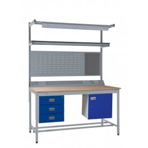 KIT F: Square Tube Workbench - Beech Top H.840 W.1500 D.750 - Storage Cupboard, Triple Drawer Unit, 1180mm Rear Support Posts, Service Duct Worktop Fitting, Light & Tool Rail Support, 3 Setting LED Light 30 Watt, Louvre Panel & Beech Upper Shelf