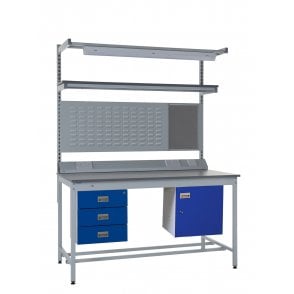 KIT F: Square Tube Workbench - Laminate Top H.840 W.1500 D.750 - Storage Cupboard, Triple Drawer Unit, 1180mm Rear Support Posts, Service Duct Worktop Fitting, Light & Tool Rail Support, 3 Setting LED Light 30 Watt, Louvre Panel & Laminate Upper Shelf