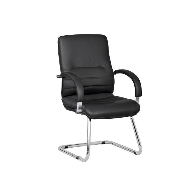 Medium back manager armchair, chrome cantilever frame and fixed padded arms - Black leather - Seat Width: 520mm - Seat Depth 440mm - Seat Height: 480mm