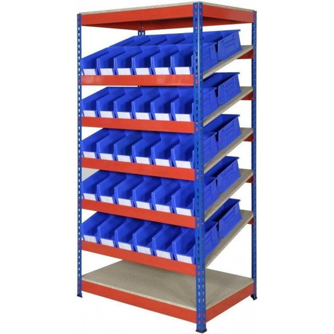 KanBan Shelving KIT 01 H1830 x W915 x D610mm with 5 Sloping Shelves & 60 Bin30