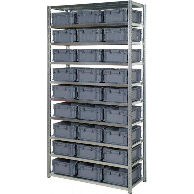 Euro Containers 148mm High on Expo 3 Shelving H2000 x W1000 x D400mm with 10 Shelves & 27 Euro Containers 400x300x148mm STARTER BAY