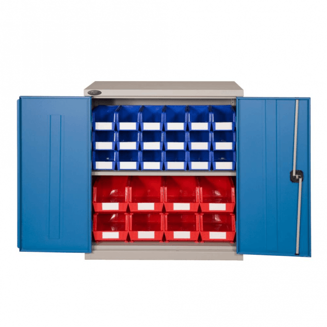 Industrial Cupboard H1015 x W915 x D460mm supplied with 1 Adjustable Shelf 85kg UDL + 8 BIN40 & 18 BIN30