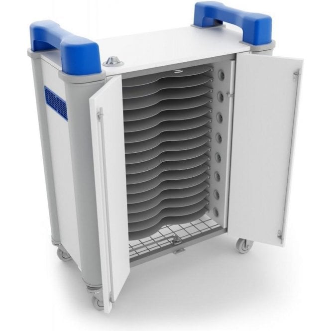 TabCabby 32H Compact 32 port tablet trolley - horizontal storage on fixed metal shelves W840 x D437 x H1030mm. Store & Charge Only