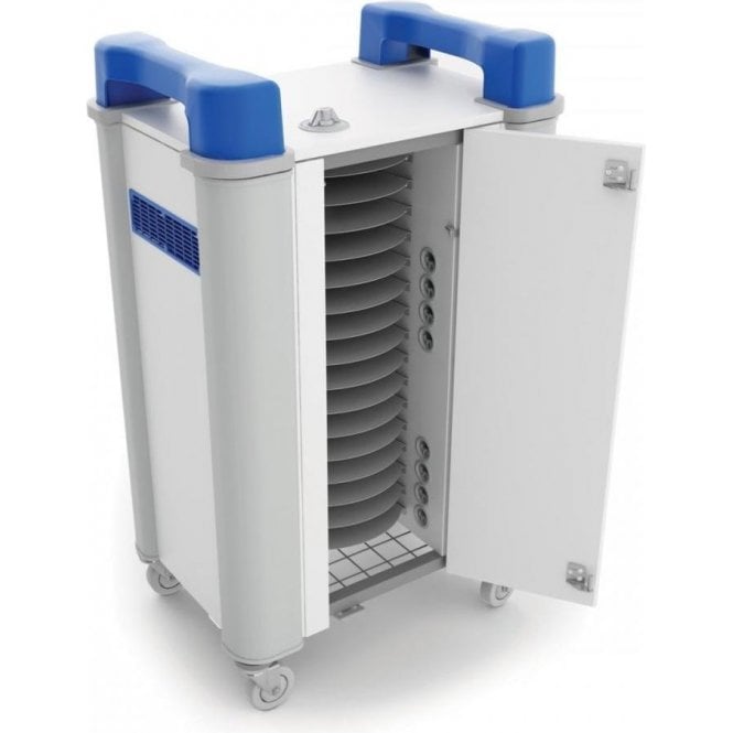 TabCabby 16H Compact 16 port tablet trolley - horizontal storage on fixed metal shelves. W620 x D437 x H1030mm. Charge Only