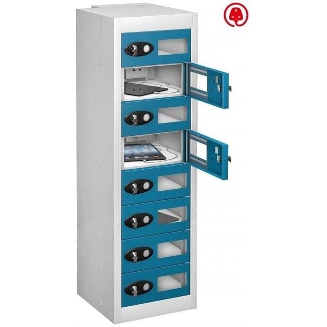 8 Door Tablet Store & Charge Locker with Vision Doors fitted with Standard 3 Pin Sockets H1000 x W305 X D370mm
