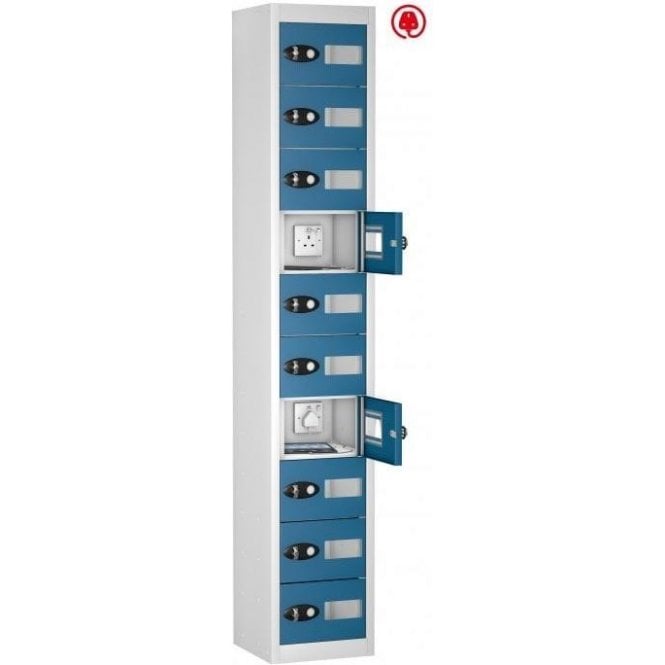 10 Door Tablet Store & Charge Locker with Vision Doors fitted with Standard 3 Pin Sockets H1780 x W305 x D370mm