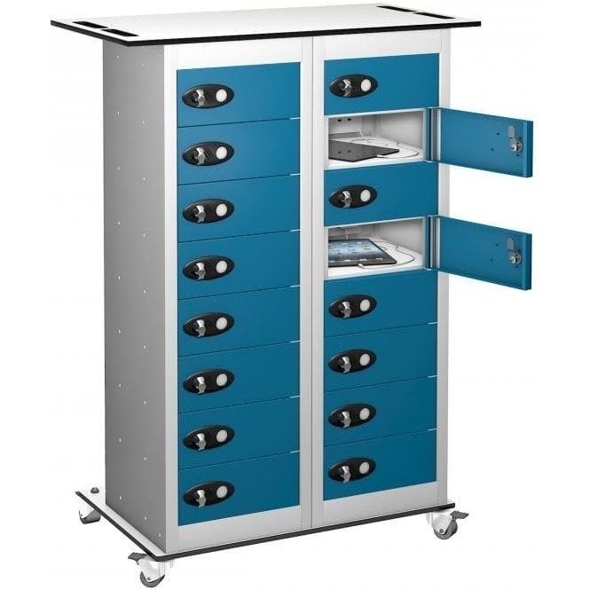 16 Door Tablet Store & Charge Trolley fitted with Standard 3 Pin Sockets H1050 x W800 x D370mm