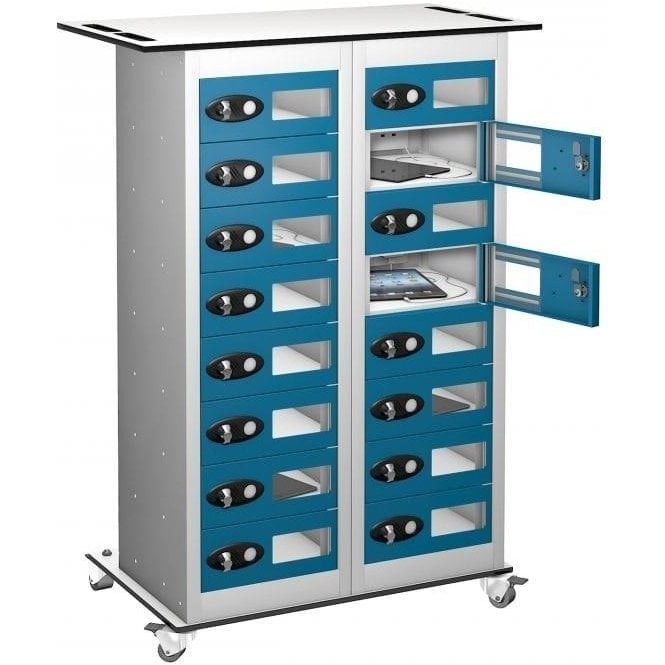 16 Door Tablet Store & Charge Trolley with Vision Doors fitted with Standard 3 Pin Sockets H1050 x W800 x D370mm